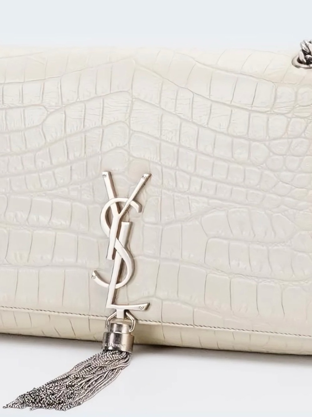 Saint Laurent Off-White Croc-Embossed Tassel Shoulder Bag